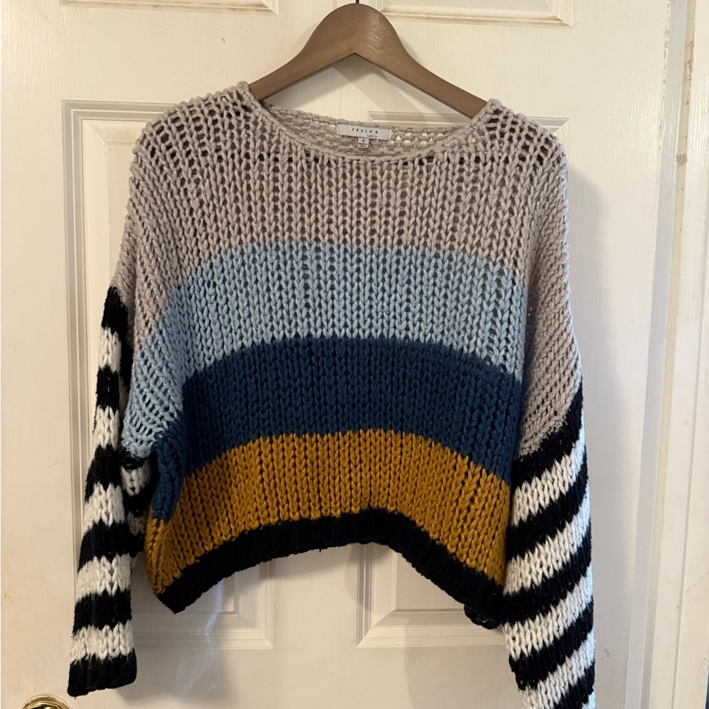 FAVLUX Gray and Blue Crew Neck Sweater with Striped Design